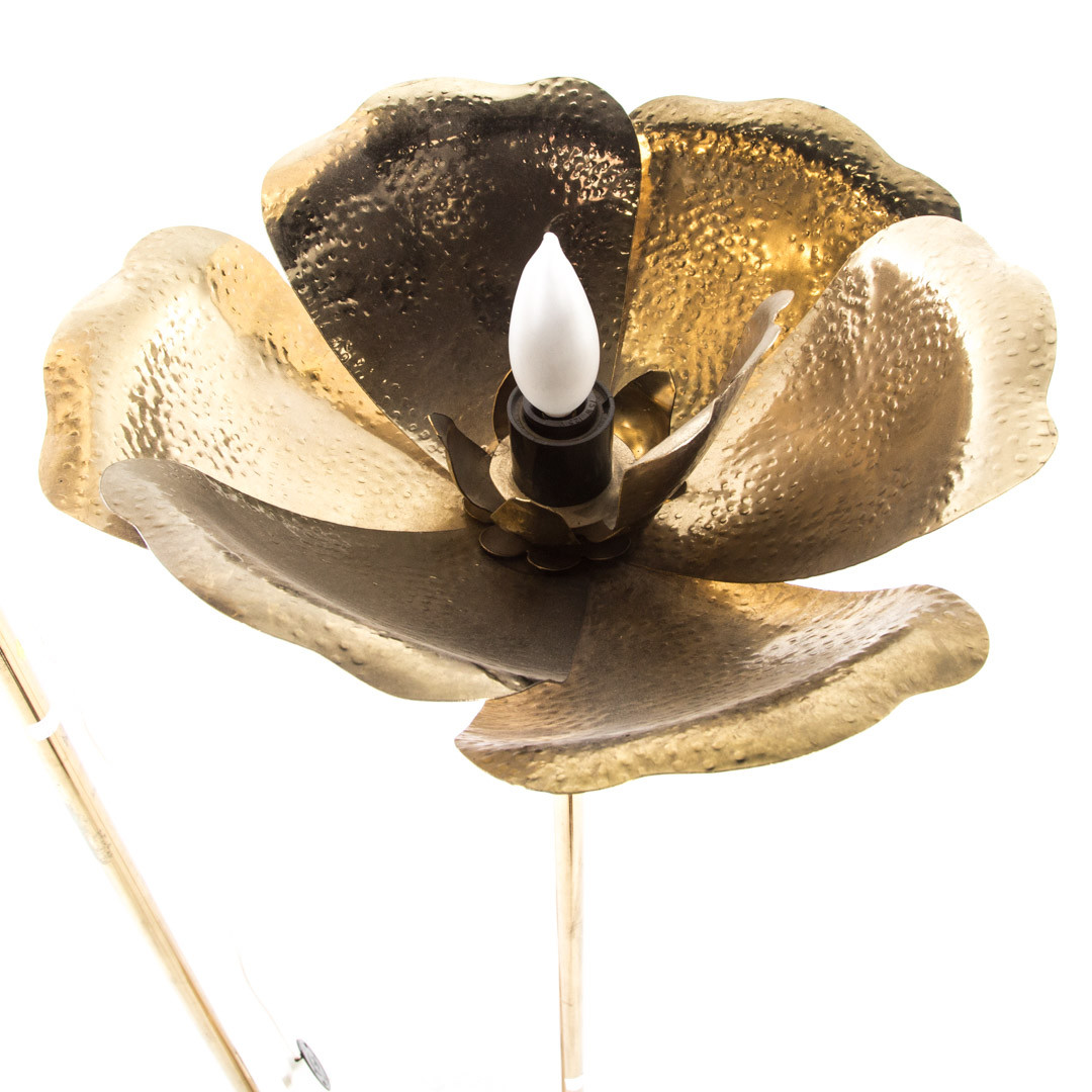 Mid Century Tommaso Barbi Hammered Brass Flower Petal & Marble Floor Lamp