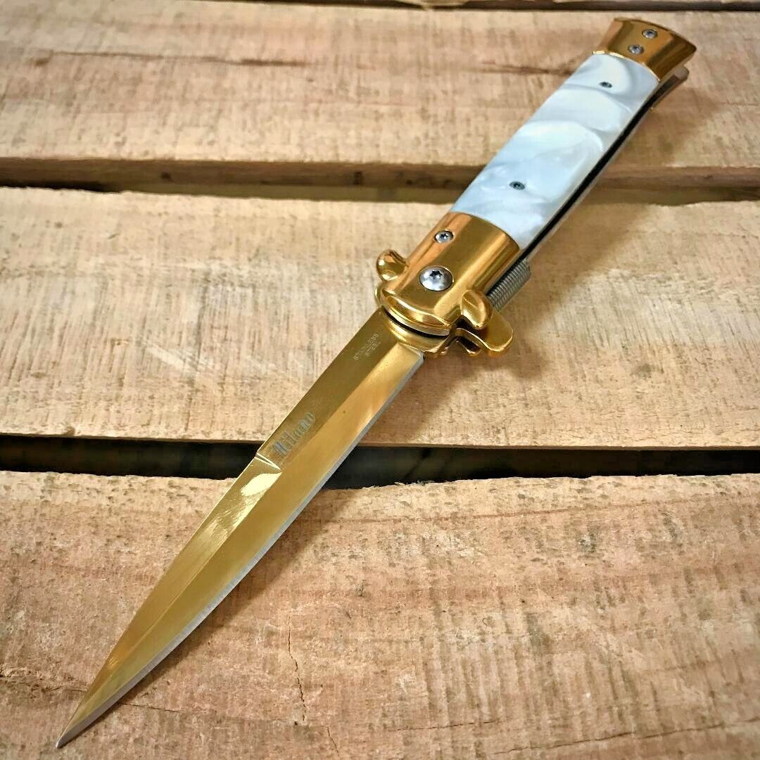 9" Tactical Gold Pearl Spring Assisted Open Blade Folding ED