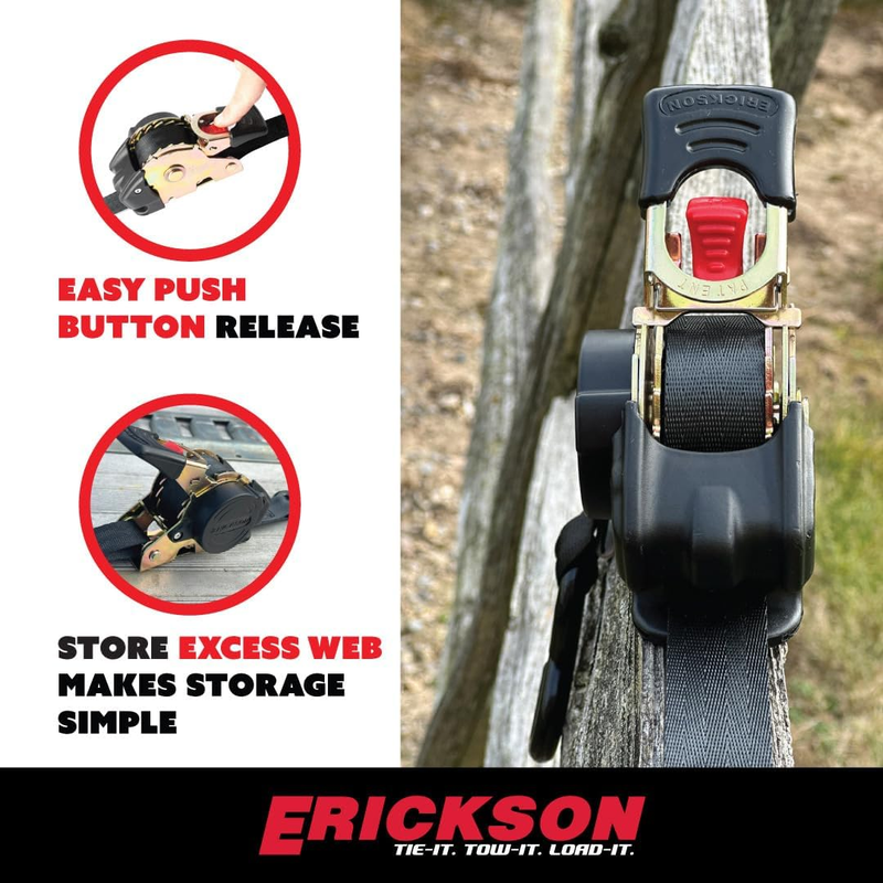 Erickson 34415 Pro Series Black Retractable Ratcheting Tie-Down Strap (Pack of 2