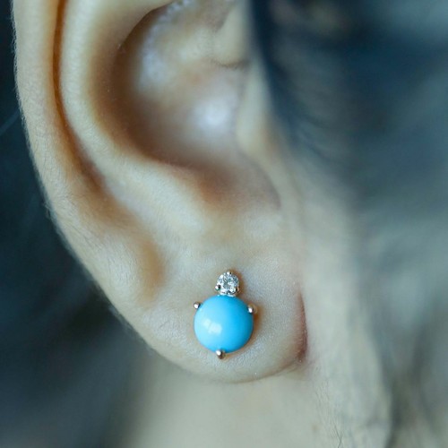 Pre-owned J.o.n 14k Gold Genuine Diamond And Turquoise Gemstone Stud Earrings Fine Jewelry In White