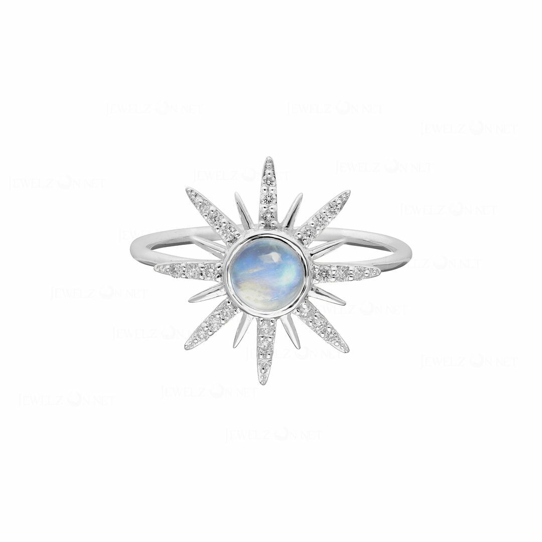 Pre-owned J.o.n 14k Gold Genuine Diamond And Rainbow Moonstone Rising Sun Ring Fine Jewelry In White