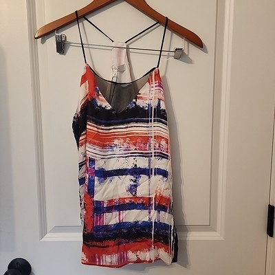 Milly 100% Silk Sleeveless Blouse Striped Cami Size 6 Blue Red Tank Top NWT 
