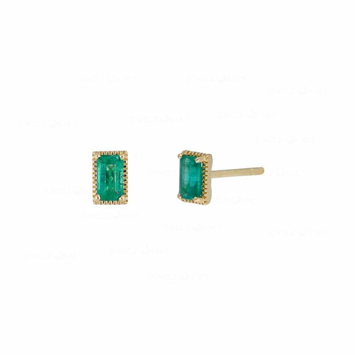 Pre-owned J.o.n Gold 0.40 Ct. Genuine Baguette Emerald May Birthstone Mini Studs Earrings
