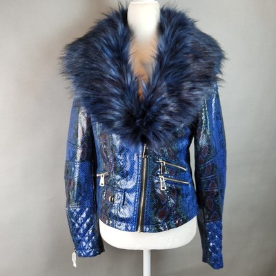 AZALEA WANG Benny Wmns Sz M-L Blue Faux Snakeskin Moto Jacket Rocker Remvble Fur