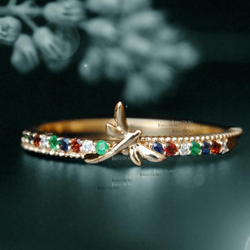 Pre-owned J.o.n 14k Gold Genuine Diamond Emerald Blue Sapphire Dragonfly Wedding Ring Jewelry In Yellow