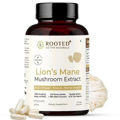 Rooted USDA Organic Lions Mane Mushroom Extract | 38% Beta Glucan, 120 Capsules