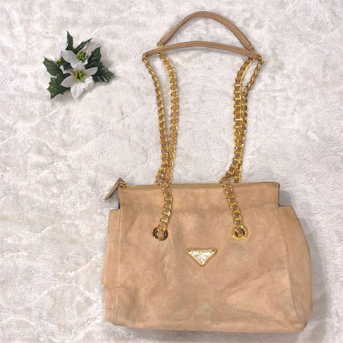 PRADA Suede Shoulder Bag Handbag Auth Beige Medium Women