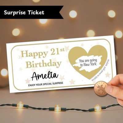 Personalised Birthday Surprise Reveal Scratch Card Ticket Holiday Spa Concert