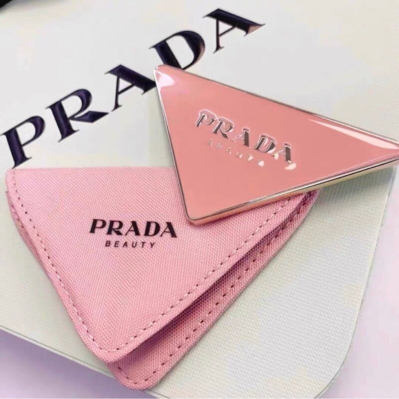 PRADA Beauty Logo Triangle Hand Held Purse Mirror & Fitted Pink Case NWT