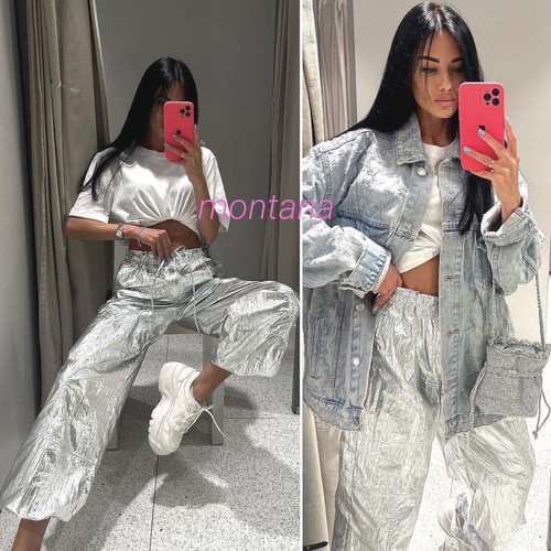 New Zara Shiny Metallic Silver Parachute Mid Rise Pants New Zara Shiny Metallic Silver Parachute Mid Rise Pants