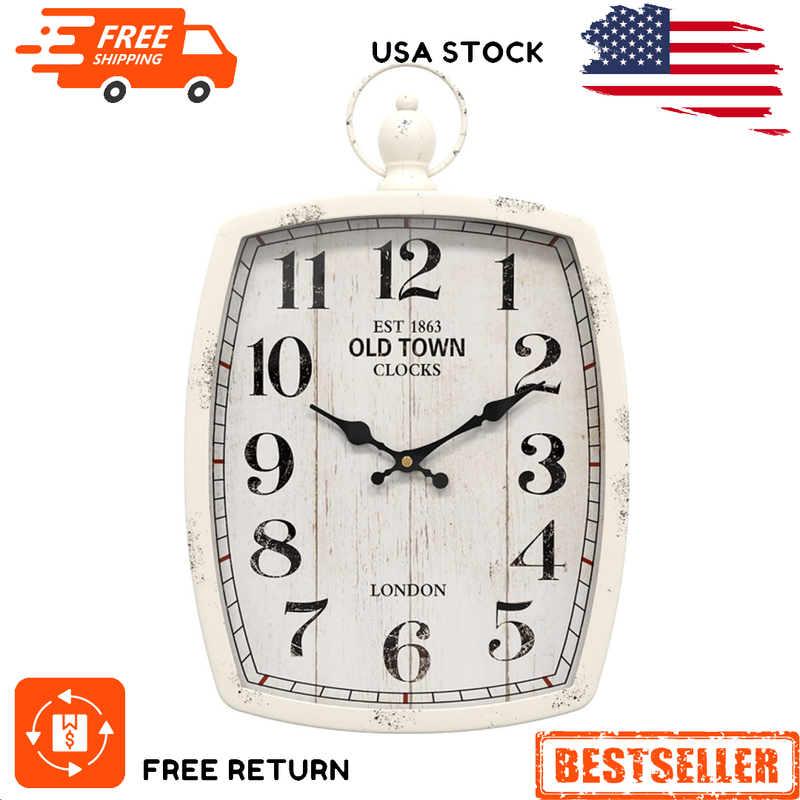 Rectangle Retro Large Wall Clock/Old-Fashioned Vintage Design/White Antique Styl