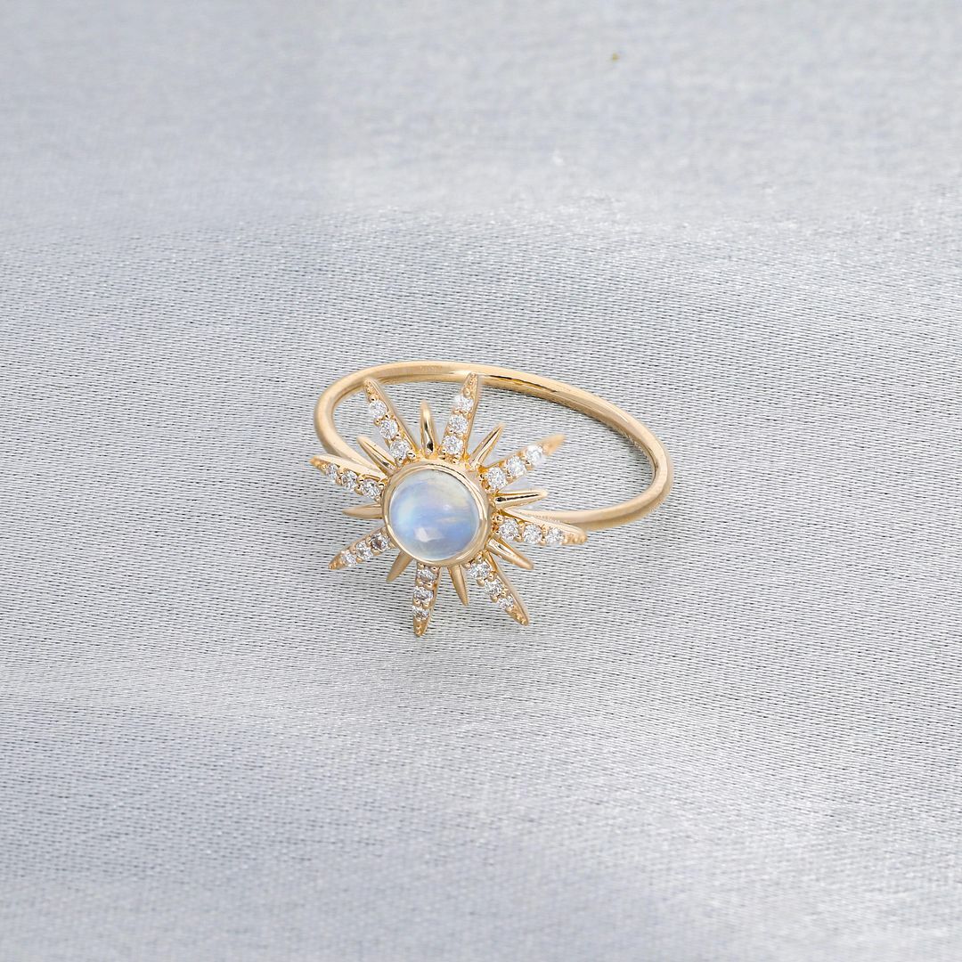 Pre-owned J.o.n 14k Gold Genuine Diamond And Rainbow Moonstone Rising Sun Ring Fine Jewelry In White