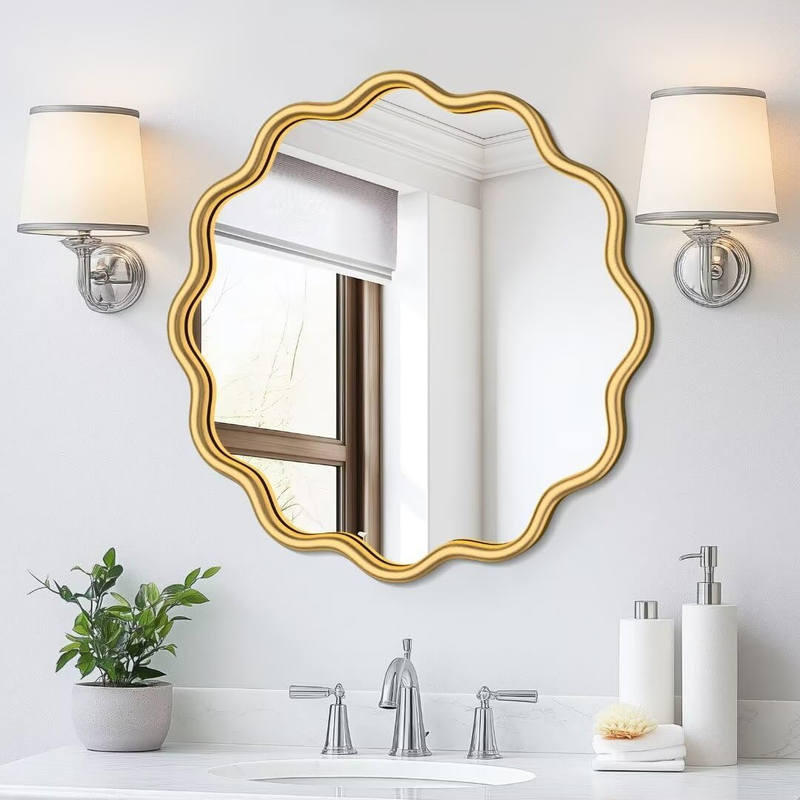 Gold round Mirror 20 Inch Wavy Bathroom Vanity Mirror Gold Frame Modern Wall Mirror Decorative Wall-Mounte Anti-Rust, Tempered Glass