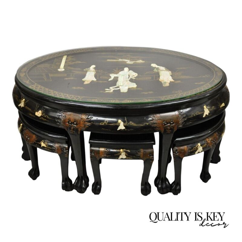 Chinese Black Lacquer Mother of Pearl Oval Nesting Coffee Table Set 6 Stools - B