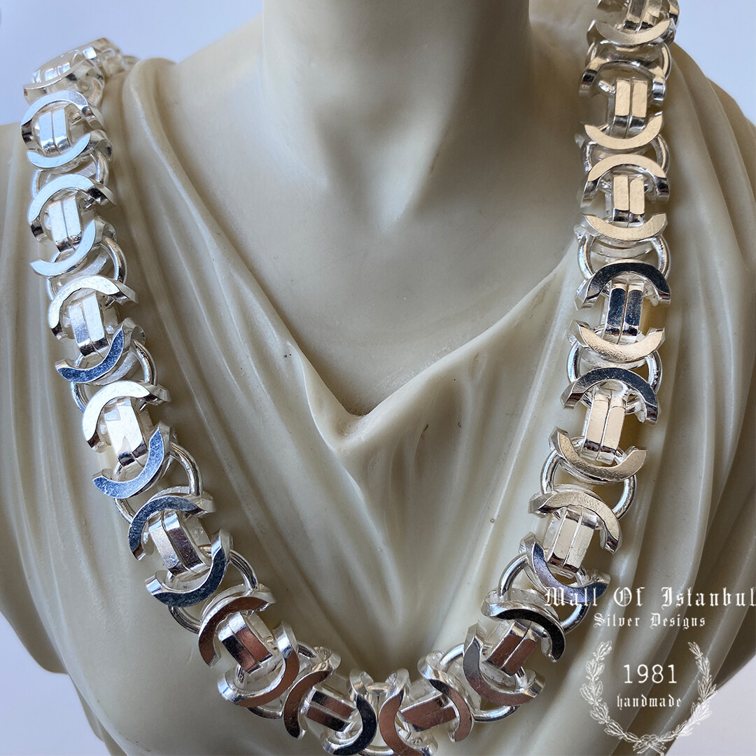 Pre-owned Handmade Mens Flat Byzantine Necklace Euro King 925 Sterling Silver 13mm 202gr 30.70"
