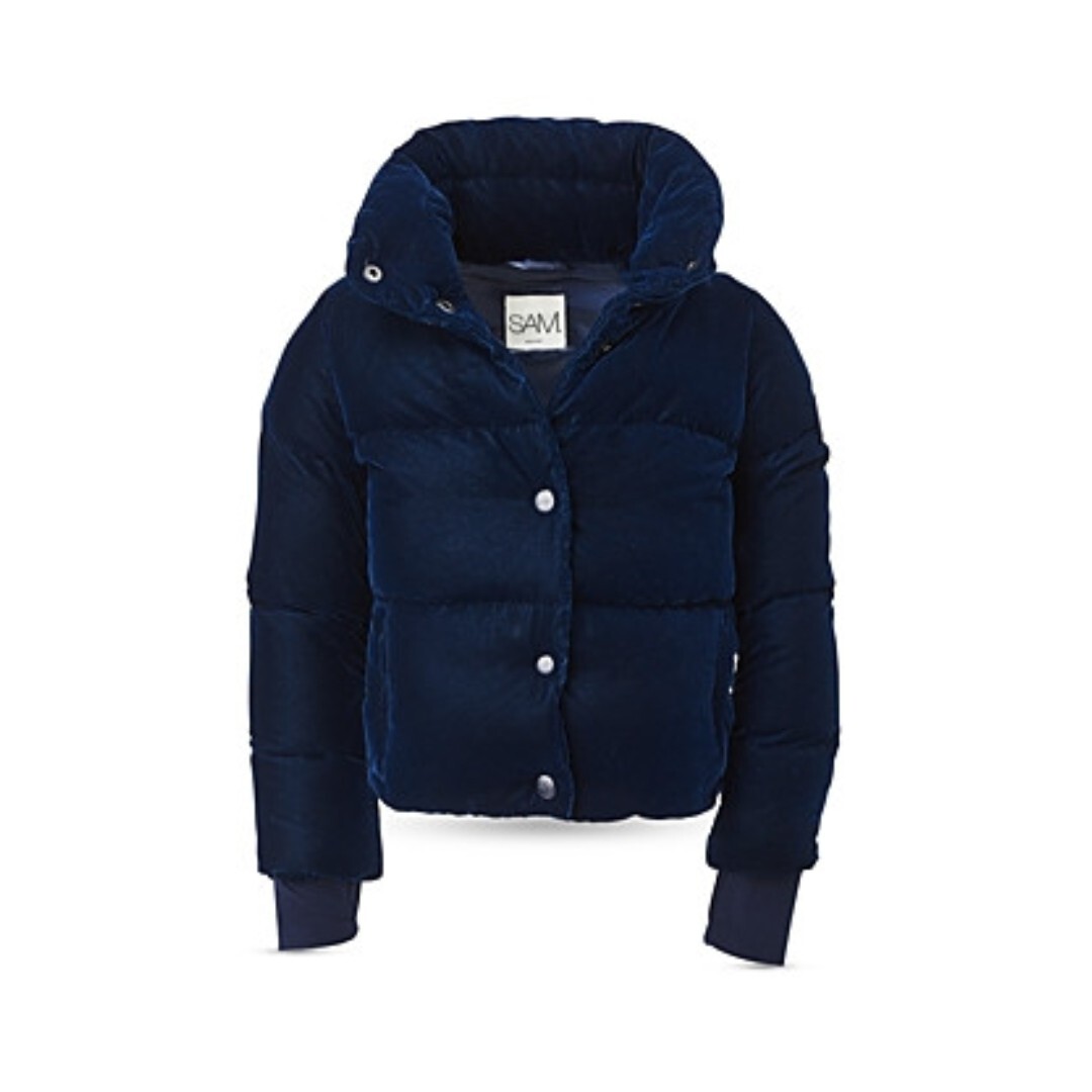SAM. Sophia Velvet Puffer Jacket Girls 8 Navy Stand Collar Front Snap Closure - Picture 1 of 17