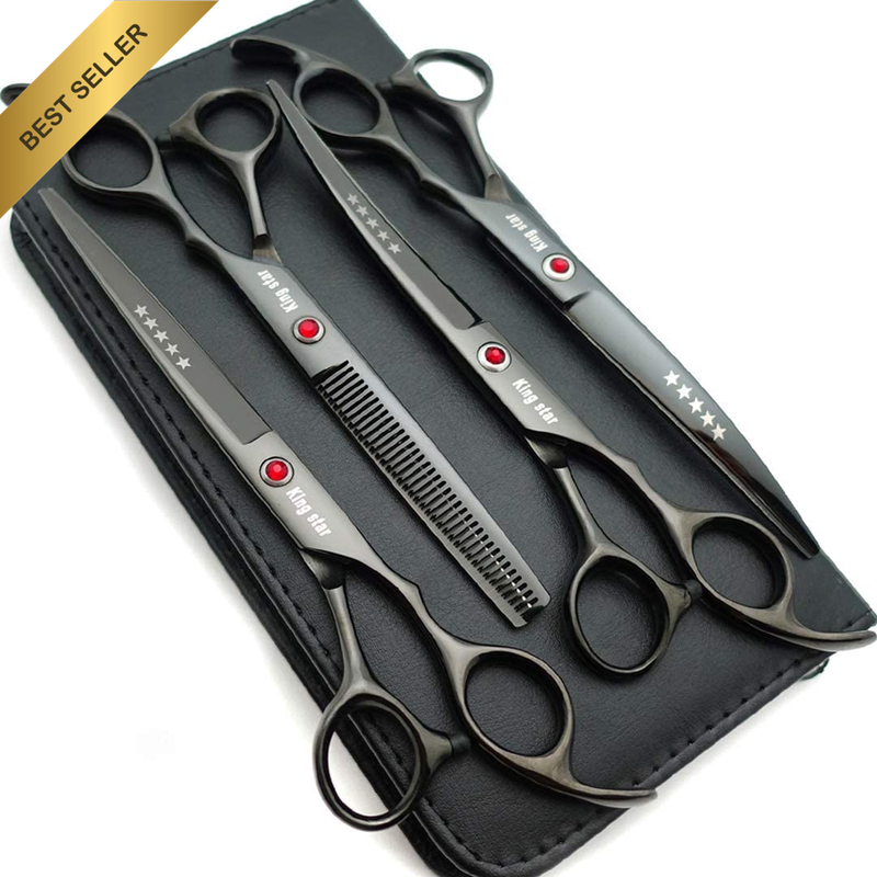 7.0In Titanium Black Professional Pet Grooming Scissors Set,Straight & Thinning