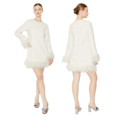 Likely Marullo Mini Sheath Dress Long Sleeve Ostrich Feather Detail Bridal 8