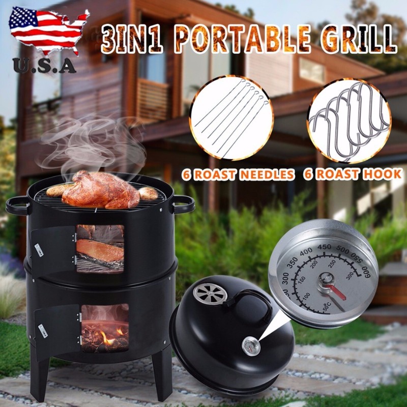 3in1 Steel Portable BBQ Grill Roaster Smoker Steamer Outdoor Charcoal Cooking eBay