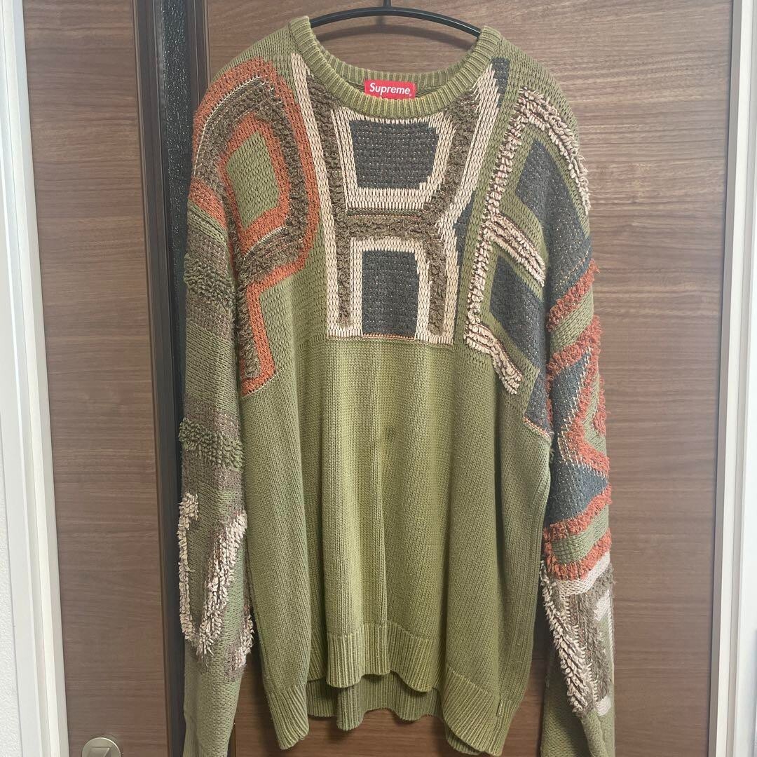 Supreme Chenille Logo Sweater 21AW Crewneck Knit Khaki Green