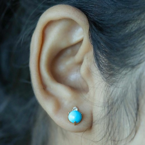 Pre-owned J.o.n 14k Gold Genuine Diamond And Turquoise Gemstone Stud Earrings Fine Jewelry In White