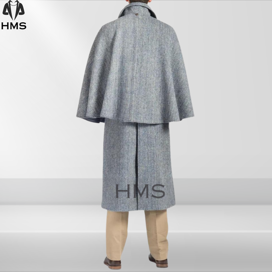 Pre-owned 100% Men's Gray Inverness Coat Heavy  Wool Long Jacket And Overcoat With Cape