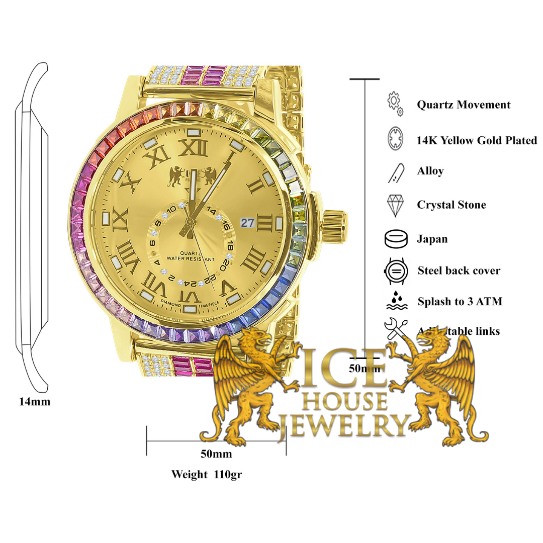 Pre-owned Icy Baguette Rainbow Multi Tone Roman Face Gold Custom Real Diamond Watch