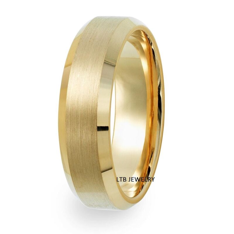  14k Yellow Gold Mens Wedding Band, Beveled Edge Mens Gold Wedding Ring 6mm