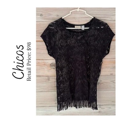 NWOT CHICO'S Navy Blue & Gold Sheered Bohemian Fringed Blouse