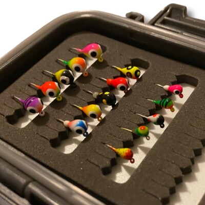 15 Piece Tungsten UV Glow Jig Kit with Box for Ice Fishing 