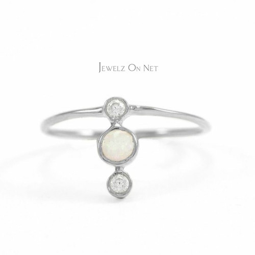 Pre-owned J.o.n 14k Gold Genuine Diamond And Opal Three Stone Ring Fine Jewelry Size - 3 To 8 Us In White