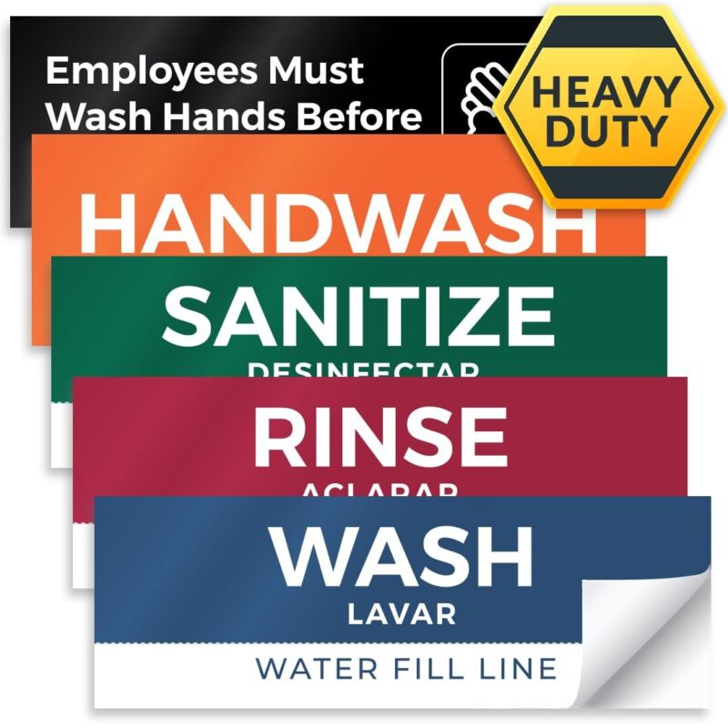 5 Pack Wash Rinse Sanitize Sink Labels, Waterproof Sticker Signs, 3 Compartme...