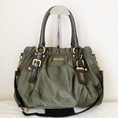 PRADA khaki olive Nylon and Leather 2 Way Shoulder Bag 58584