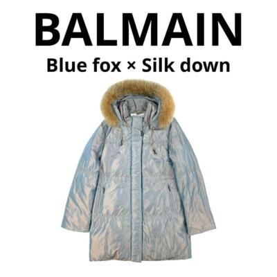 BALMAIN PARIS Women's Fox Silk Down Jacket Coat Hooded Size