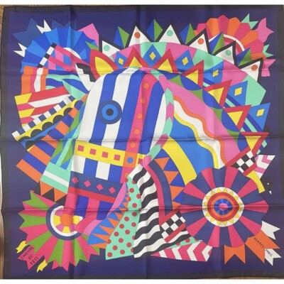 Hermes Scarf CHEVAL DE FETE 90 cm silk blue Carre horse 35