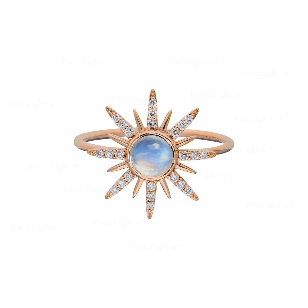 Pre-owned J.o.n 14k Gold Genuine Diamond And Rainbow Moonstone Rising Sun Ring Fine Jewelry In White