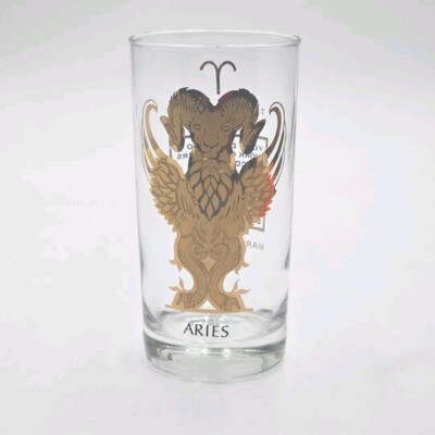 Vintage Anchor Hocking Zodiac Aries Horoscope MCM Highball Glassware Gold Black