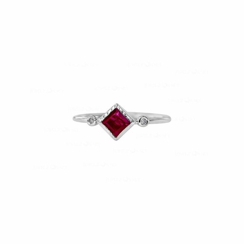 Pre-owned J.o.n Gold Genuine Diamond And Square Shape Ruby Wedding Ring Fine Jewelry In White