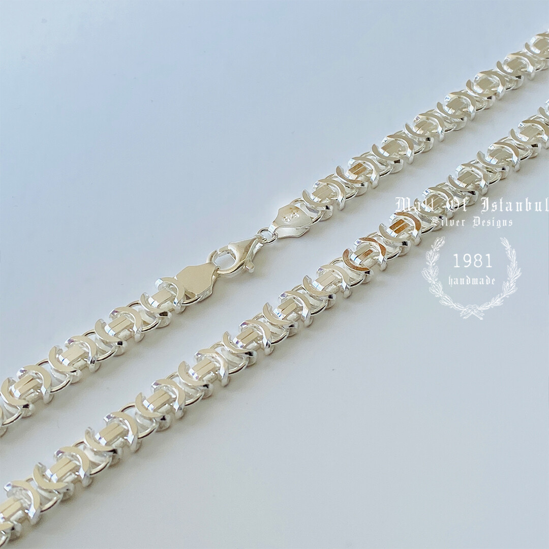 Pre-owned Handmade Mens King Flat Byzantine Chain Necklace 925 Sterling Silver 90gr 9.5mm 24 Inch