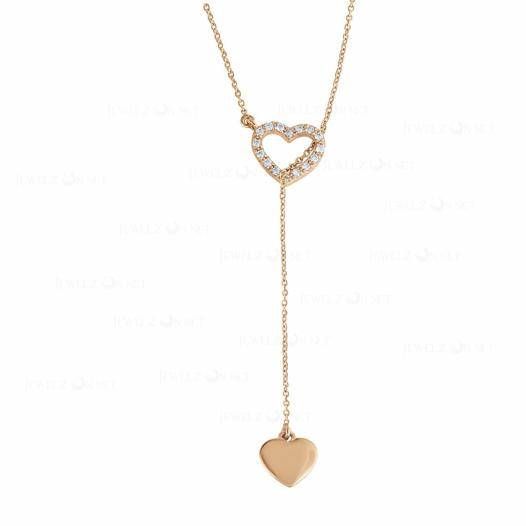 Pre-owned J.o.n 14k Gold Genuine Diamond Double Heart Lariat Gift Jewelry Necklace In White