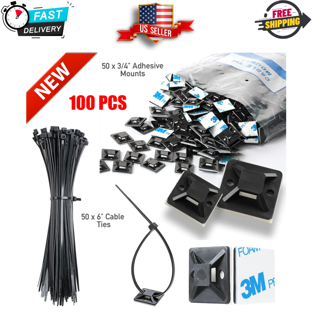 100Pcs 3M Self Adhesive Mounts Kit, 6" Cable Zip Tie Wire Holders Cord Clips...