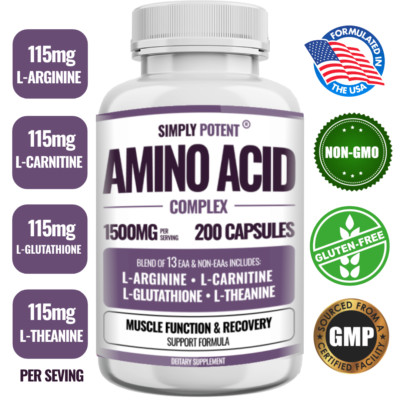 Amino Acid Complex 1500mg 200 Capsules  13 Aminos with L-Arginine L-Glutathione