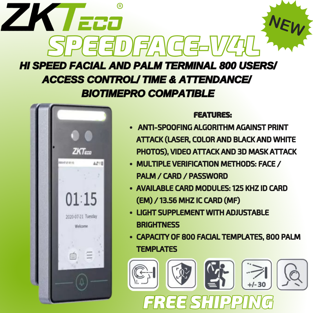 ZKTeco SPEEDFACE-V4L Hi Speed Facial and Palm Terminal 800 users/ Access Control