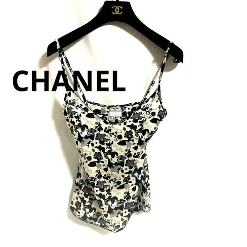 Chanel Tank Top Size 36 Black x White 95% Silk 5% Spandex