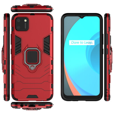 For Oppo Realme C11 RMX2185, 3in1 Shockproof Rugged Ring Car Holder Case + glass