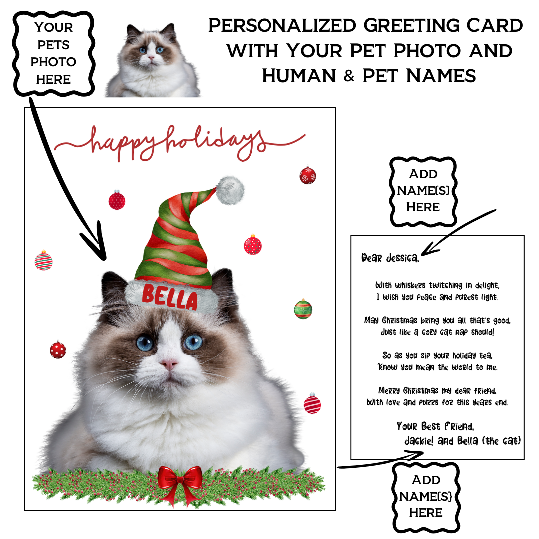Custom Christmas Greeting Card with Pet Portrait Upload Your Own Photo