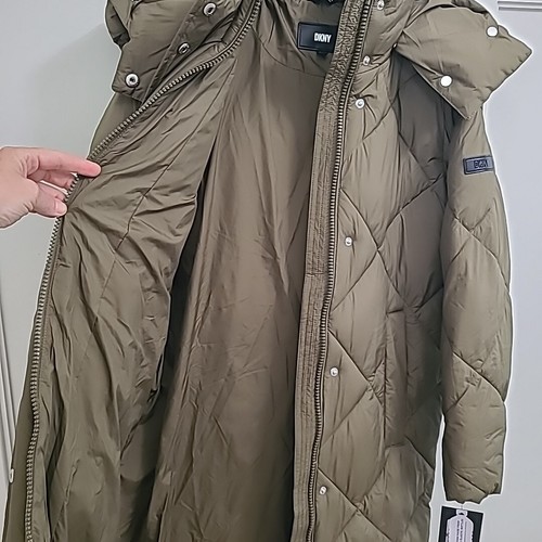 Pre-owned Dkny Women's Long Green Hood Puffer Jacket 0°f Warmth Factor Sz Xs Msrp $380