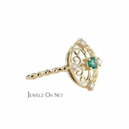 Pre-owned J.o.n 14k Gold Genuine Diamond And Emerald Gemstone Vintage Style Ring Fine Jewelry In Yellow