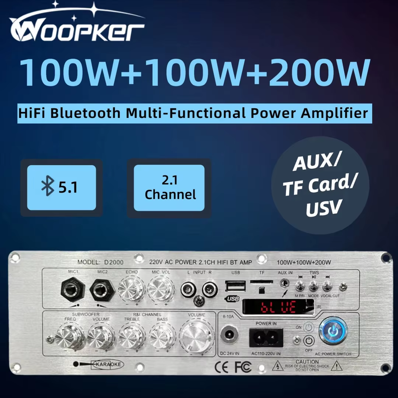 Sound Amplifier Board D2000 100W+100W+200W BT5.1 AUX/USB/TF Card Channel2.1 HiFi