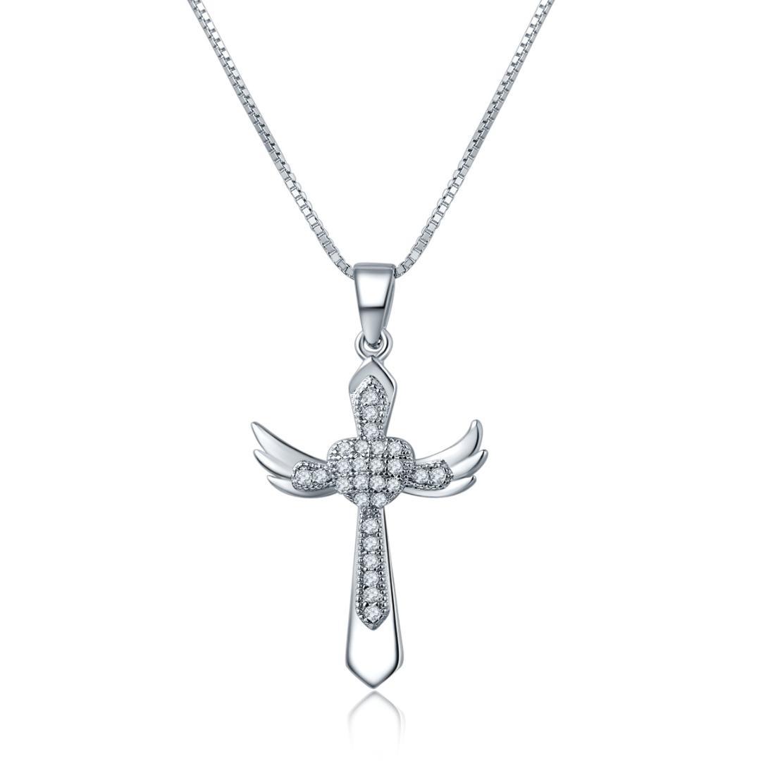 Womens 925 Sterling Silver CZ Crystal Heart Love Cross